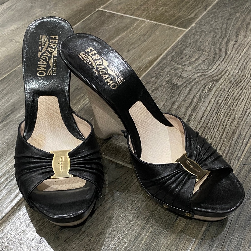 Salvatore Ferragamo Black Leather Mules with Gold Accent wooden heel